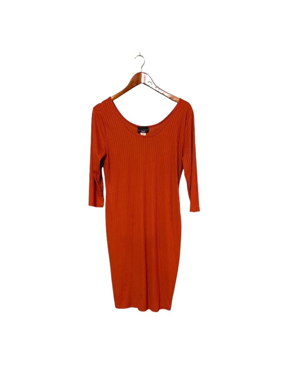 Ribbed Midi Bodycon Dress Rust Orange 3/4 Sleeve Discreet Brand